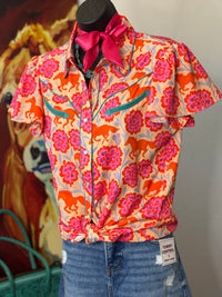 Shop Envi Me Tops and Tunics Wildflower Run Floral & Horses Retro Snap Shirt