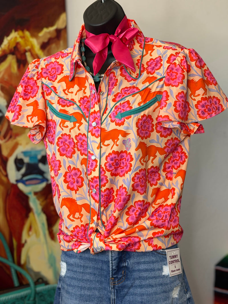 Shop Envi Me Tops and Tunics Wildflower Run Floral & Horses Retro Snap Shirt