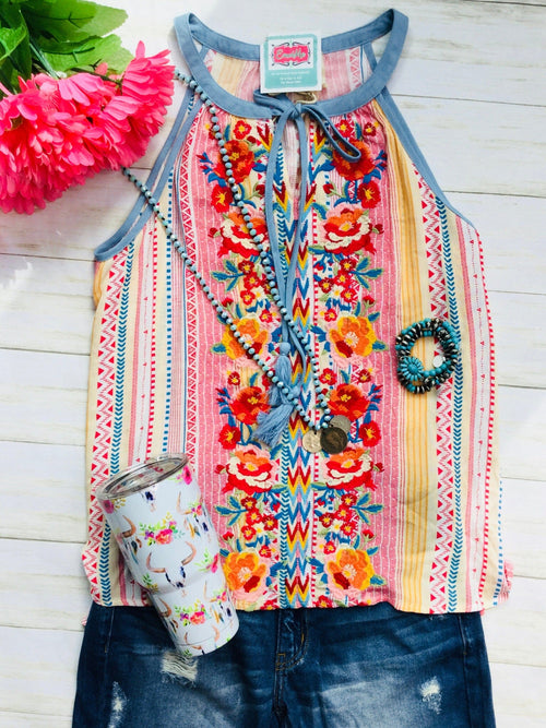 Shop Envi Me Tops and Tunics Imara’s Spring Stripes Embroidered Sleeveless Top