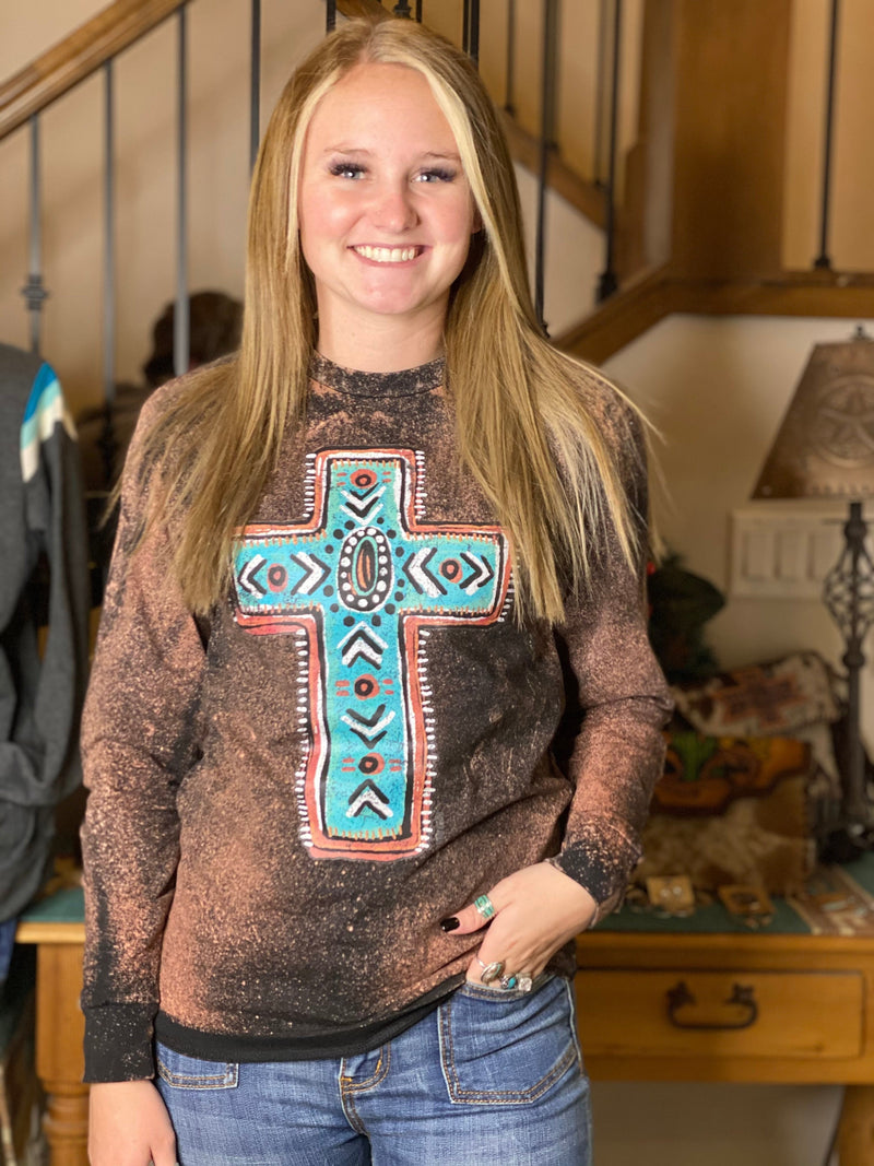 Shop Envi Me It's T-shirt Kinda Day Our Fav Turquoise Bleached Aztec Cross Long Sleeve Tee