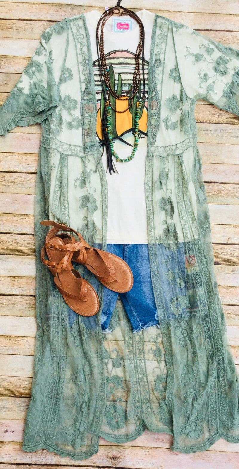 Shop Envi Me Cardigans and Kimonos Sofia’s Sage Lace Pretty Kimono Duster
