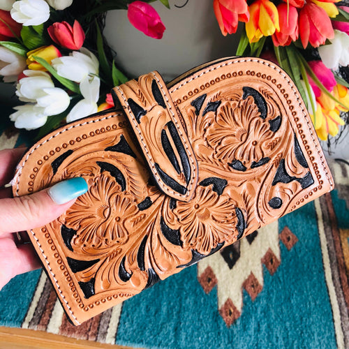 Shop Envi Me Accessories Black Backround The Alvarado Tooled Clutch Wallet