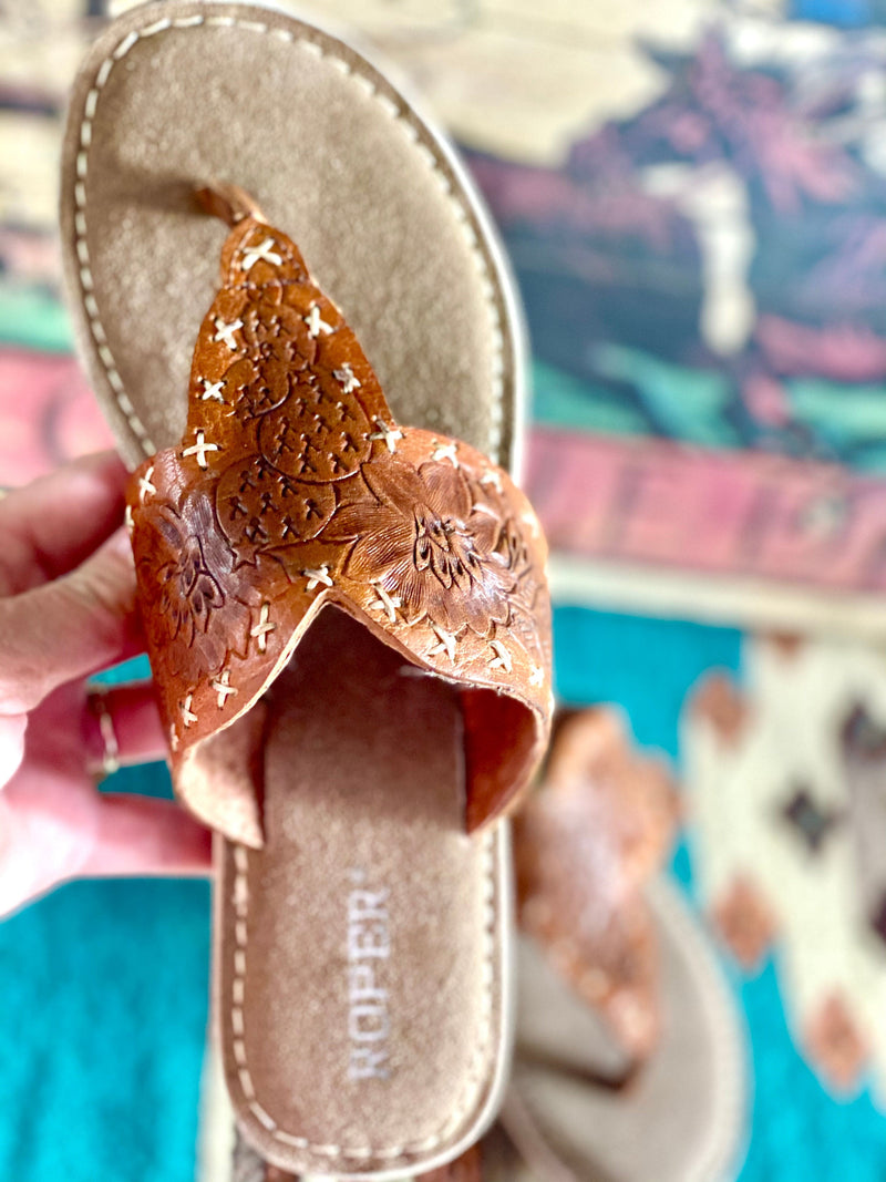 Roper Footwear The Arizona Cactus Tooled Leather Flip Flop Sandal