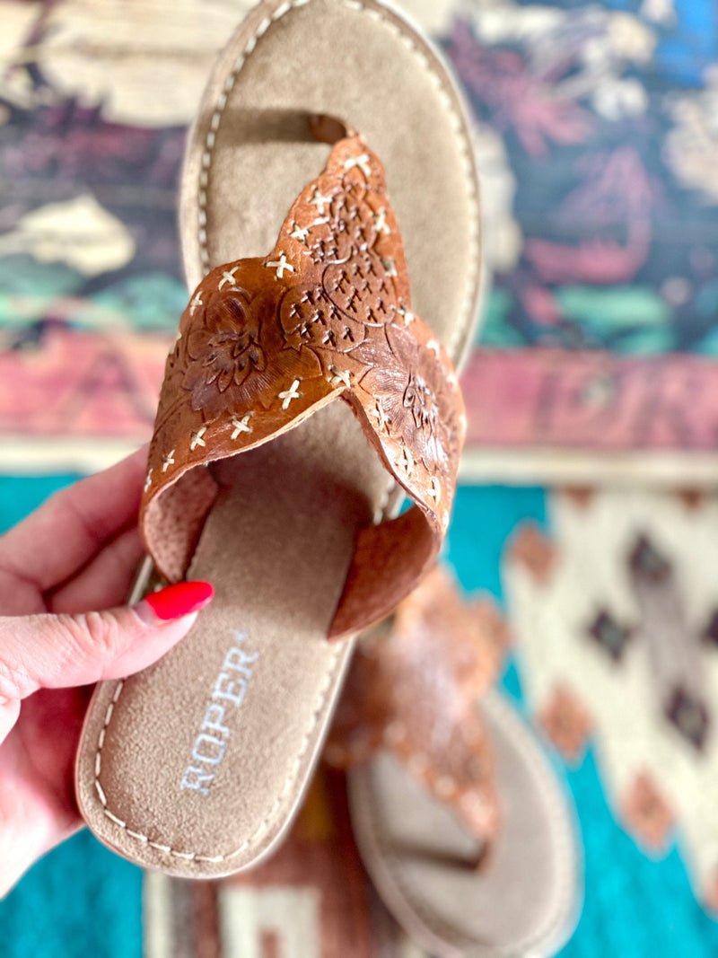 Tooled leather top flip flops