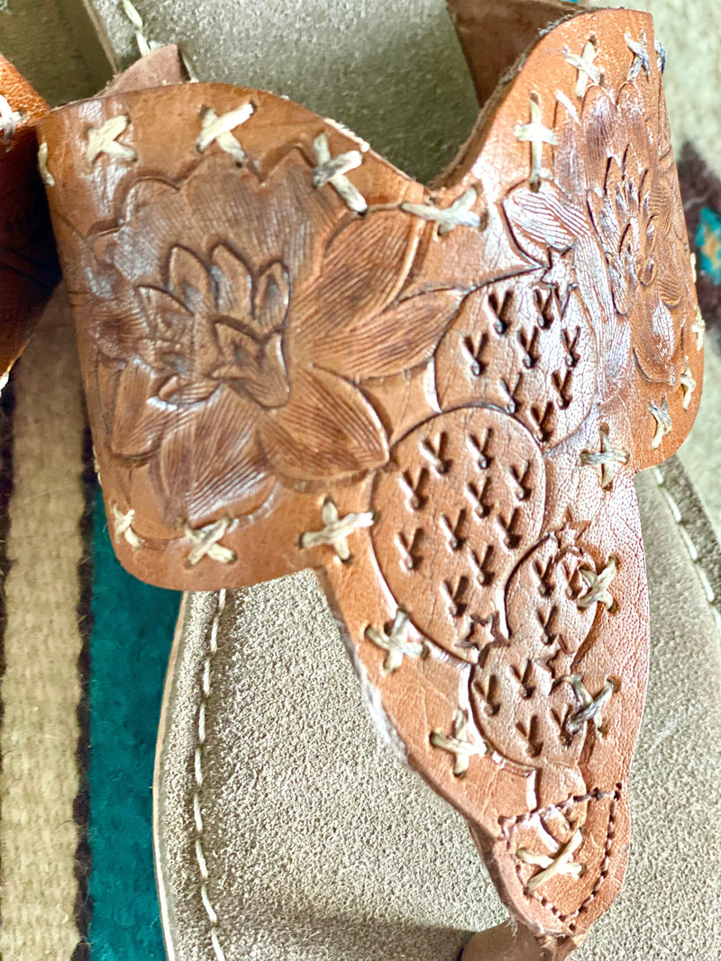 Roper Footwear The Arizona Cactus Tooled Leather Flip Flop Sandal