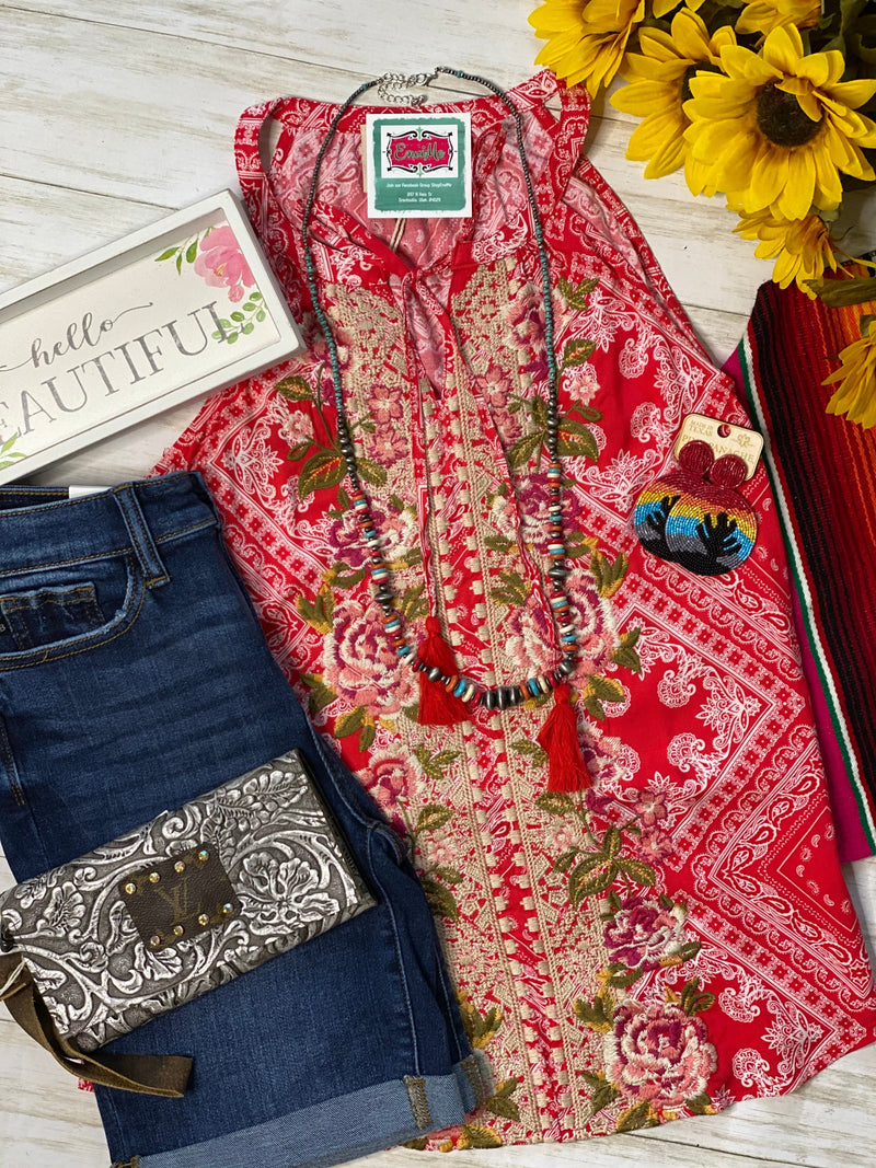 Shop Envi Me Tops and Tunics The Bandana Red Embroidered Sleeveless Top