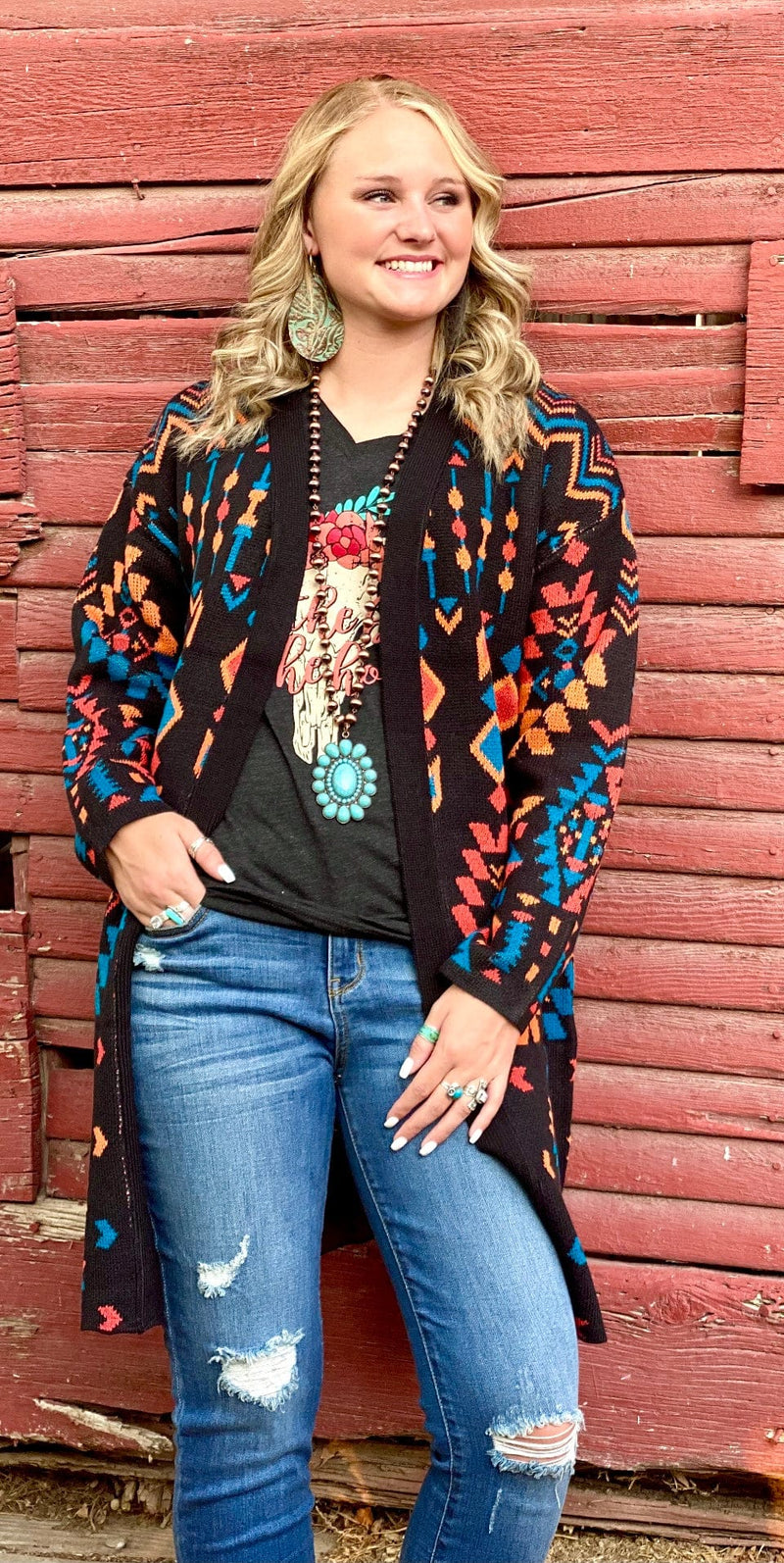 Shop Envi Me Cardigans and Kimonos The Black Annie Oakley Aztec Long Sweater