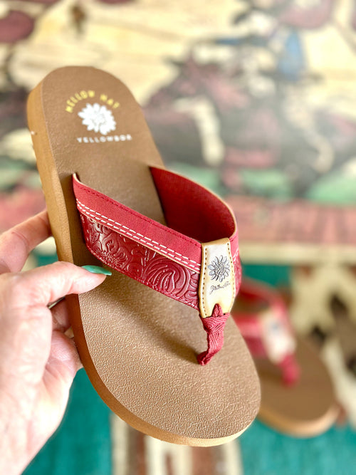 Yellow Box Footwear The Cinco Red Tooled Flip Flop