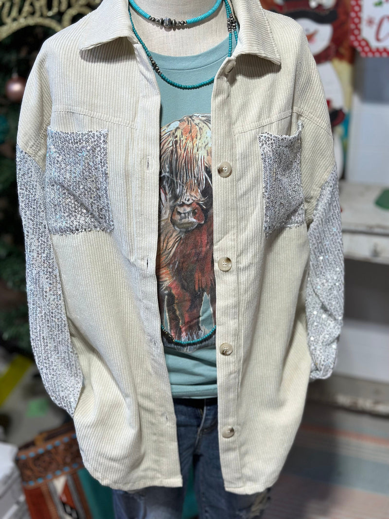 Shop Envi Me Cardigans and Kimonos The City Days Cord with Sequin Sleeve Shacket