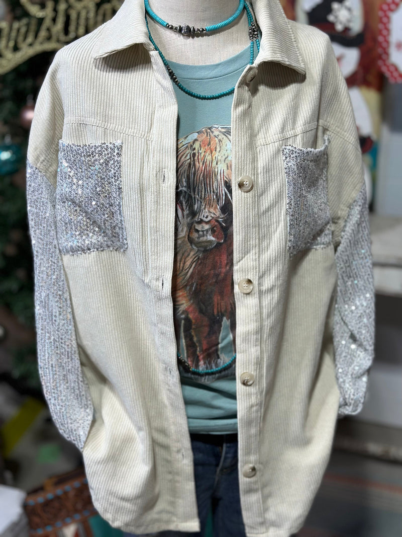 Shop Envi Me Cardigans and Kimonos The City Days Cord with Sequin Sleeve Shacket