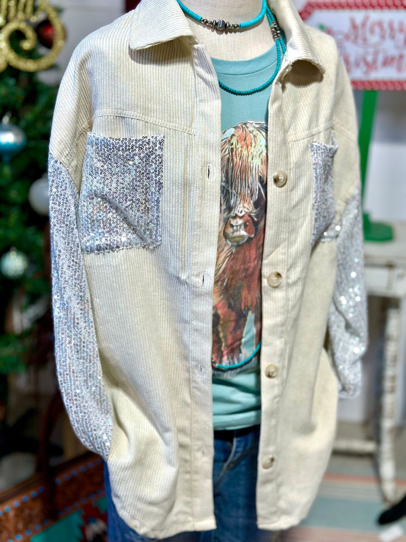 Shop Envi Me Cardigans and Kimonos The City Days Cord with Sequin Sleeve Shacket