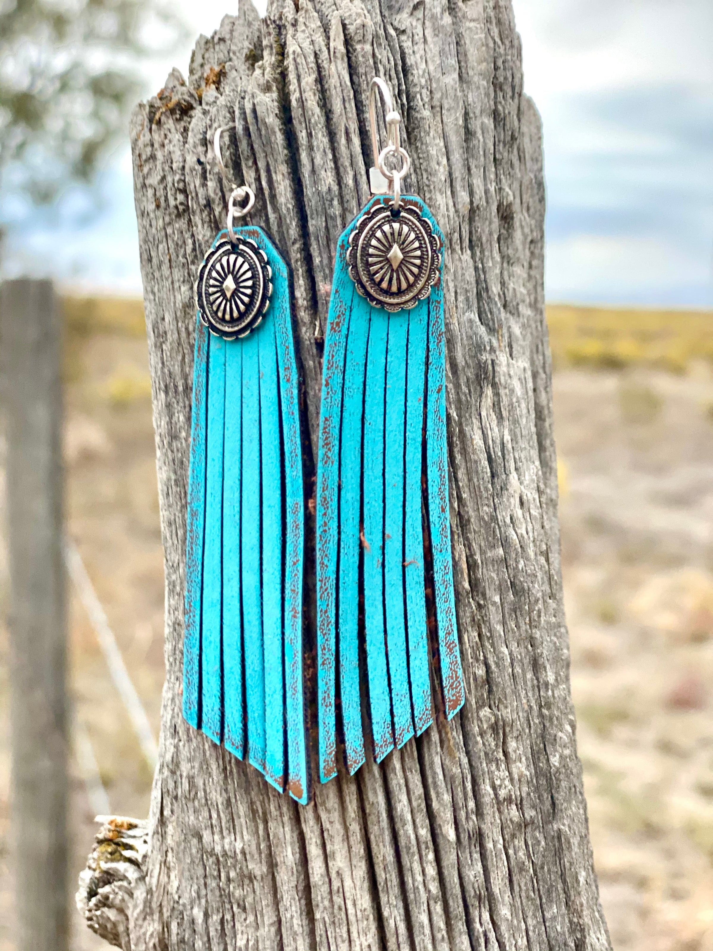 Turquoise Posts, Oval Conchos, Spindly Fringe Earrings - Jewelry Lady Red  River