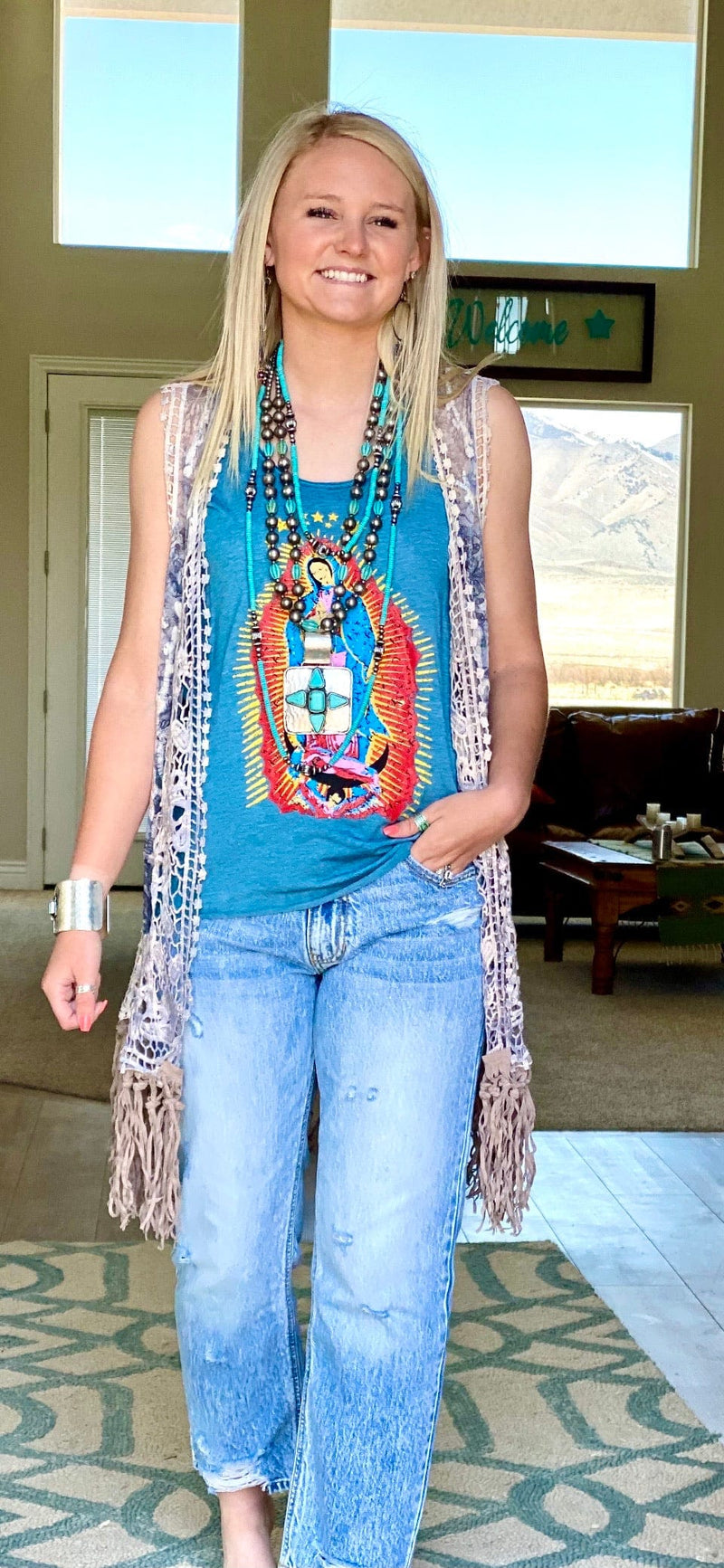 Shop Envi Me It's T-shirt Kinda Day The Denim Blue Lady Of Guadalupe Tank