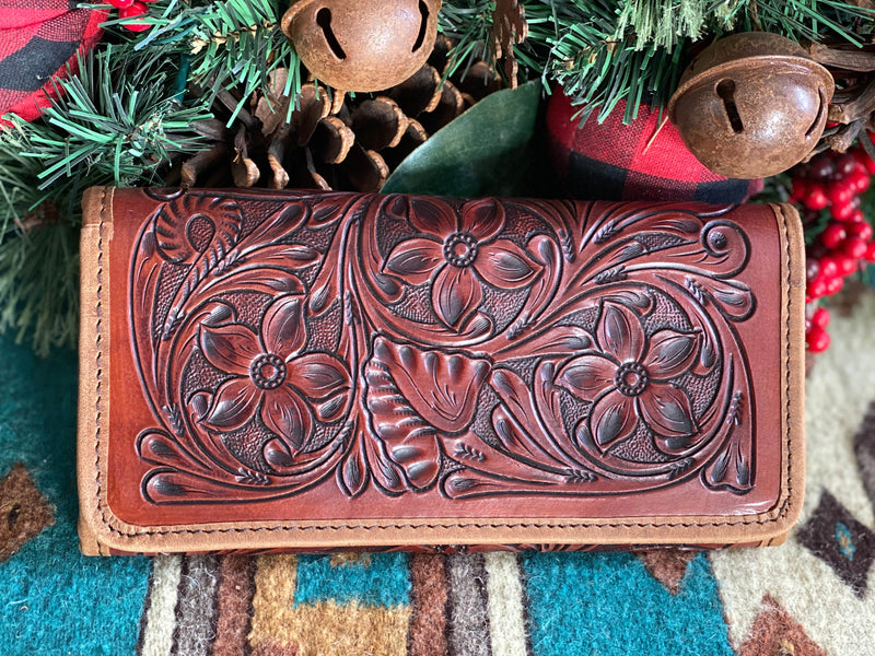 Shop Envi Me Accessories Brown Tooled Leather The El Paso Tooled Leather Clutch Wallet