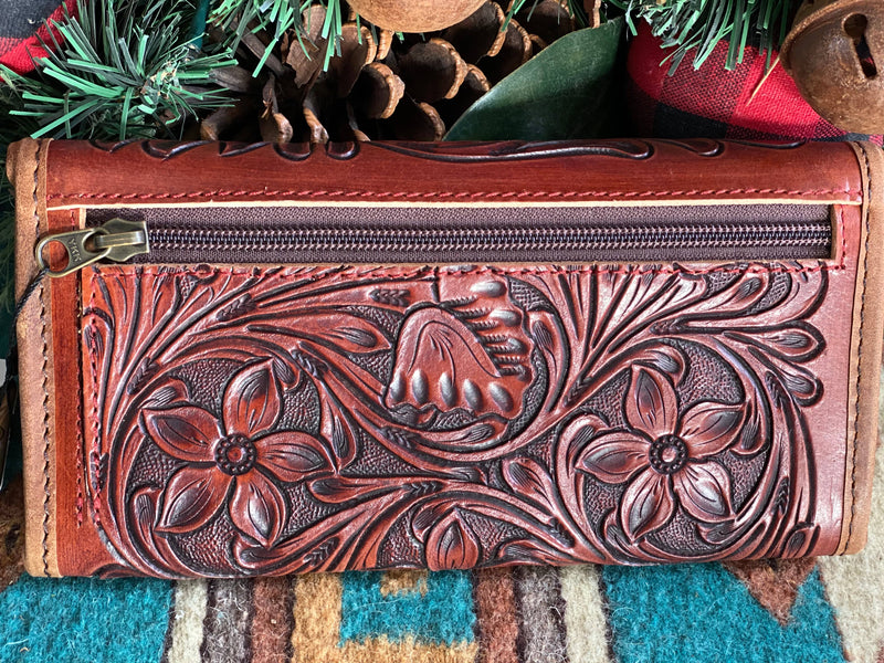 Shop Envi Me Accessories Brown Tooled Leather The El Paso Tooled Leather Clutch Wallet