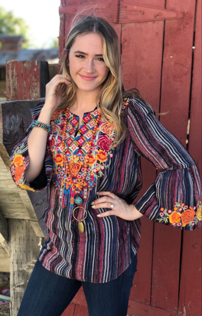 Shop Envi Me tops The Fall Autumn Ellensburg Embroidered Stripe Top