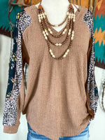 Shop Envi Me Tops and Tunics The Fall Camel Porquita Floral & Cheetah Sleeve Waffle Top