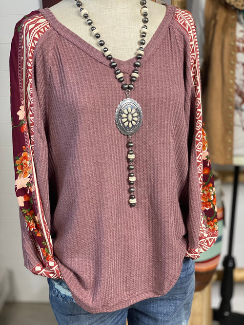 Shop Envi Me Tops and Tunics The Fall Floral Aztec Sleeve Waffle Top