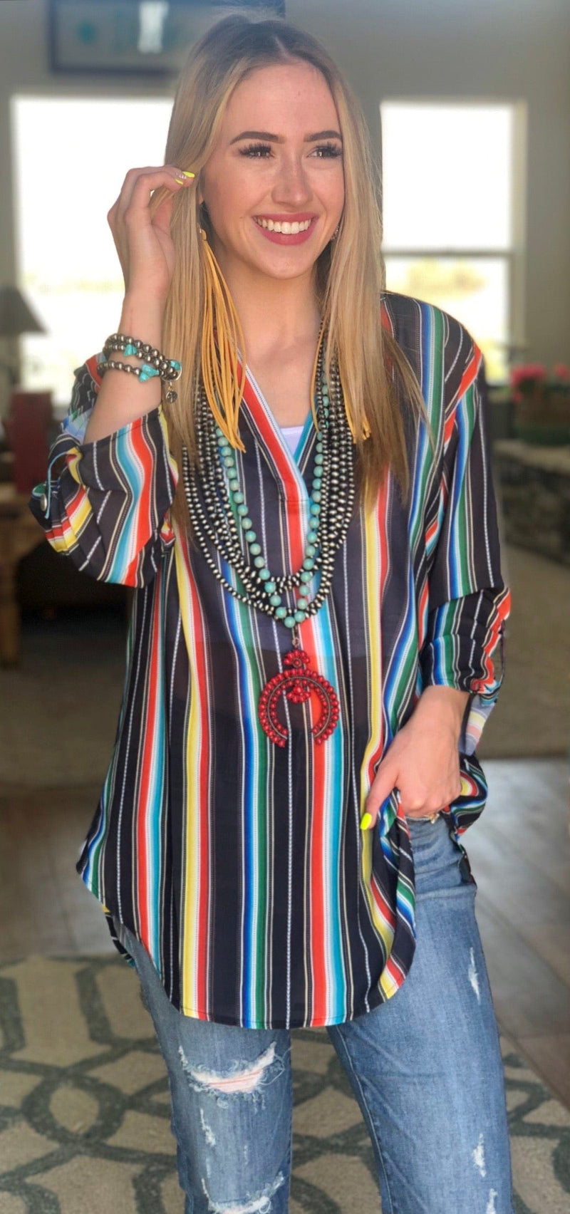 Shop Envi Me Tops and Tunics The Gallup Girl Black Serape Stripe Top