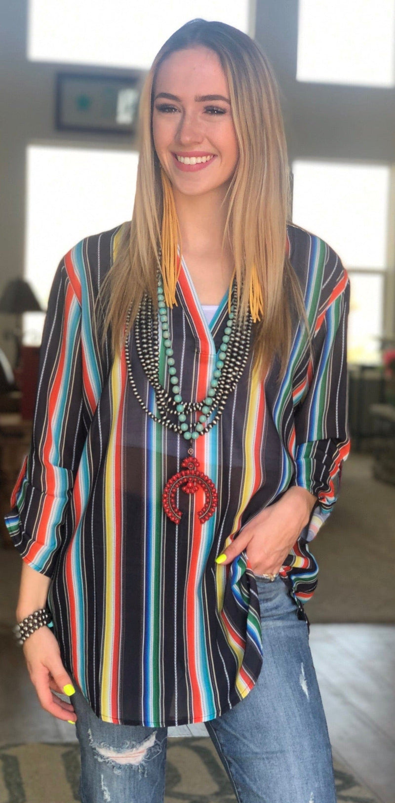 Shop Envi Me Tops and Tunics The Gallup Girl Black Serape Stripe Top