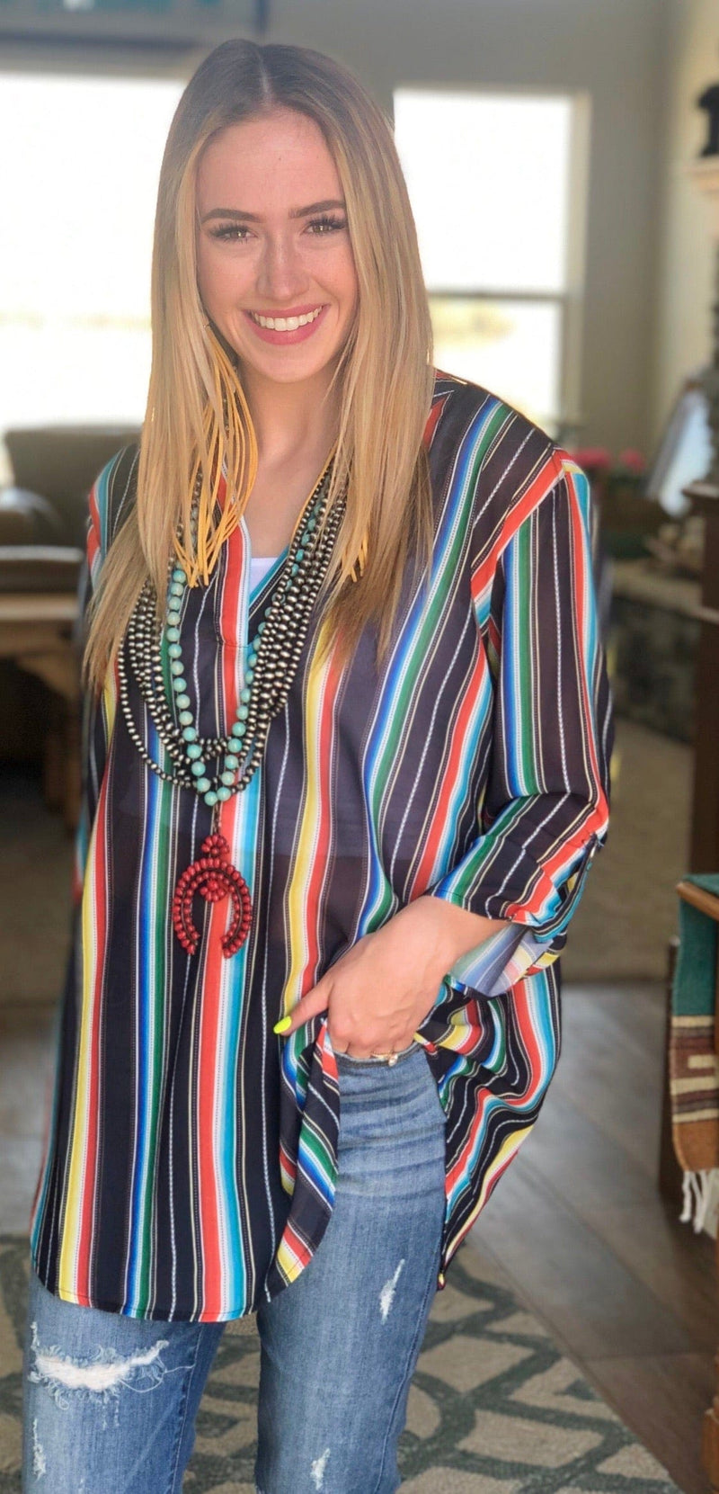 Shop Envi Me Tops and Tunics The Gallup Girl Black Serape Stripe Top