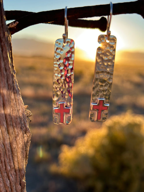 Shop Envi Me Earrings Coral The Hammered Sterling Silver & Coral Cross Earring