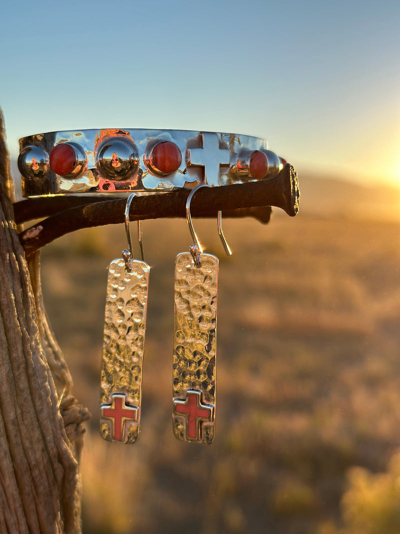 Shop Envi Me Earrings Coral The Hammered Sterling Silver & Coral Cross Earring