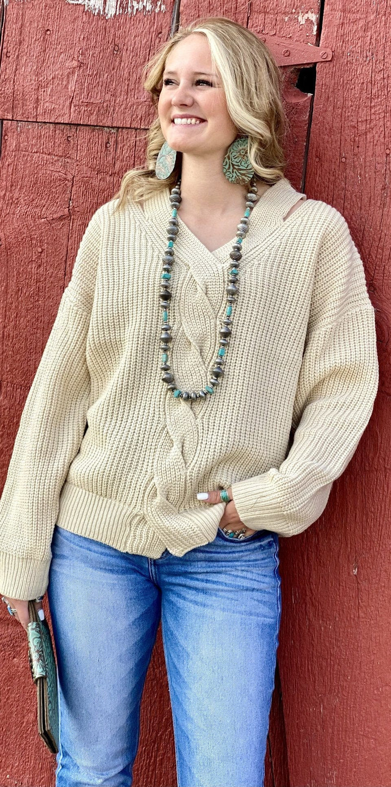 Shop Envi Me Tops and Tunics The Holiday Cut Shoulder Cable Knit Sweater