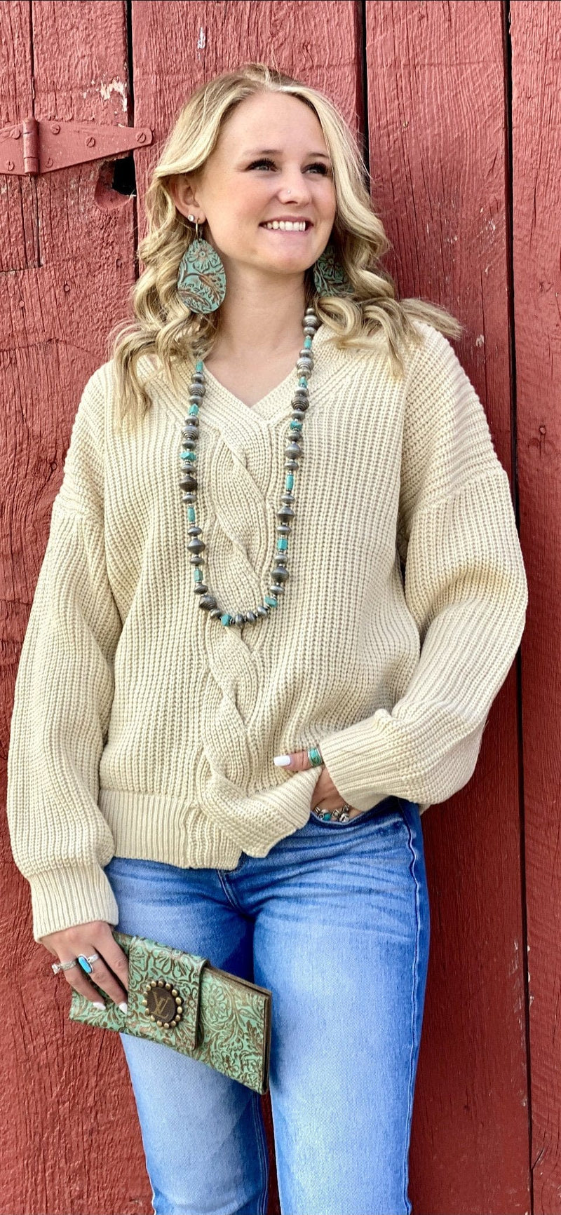 Shop Envi Me Tops and Tunics The Holiday Cut Shoulder Cable Knit Sweater