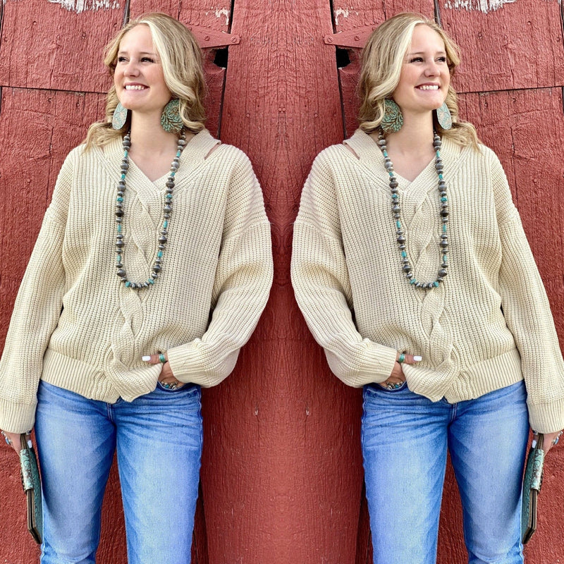 Shop Envi Me Tops and Tunics The Holiday Cut Shoulder Cable Knit Sweater