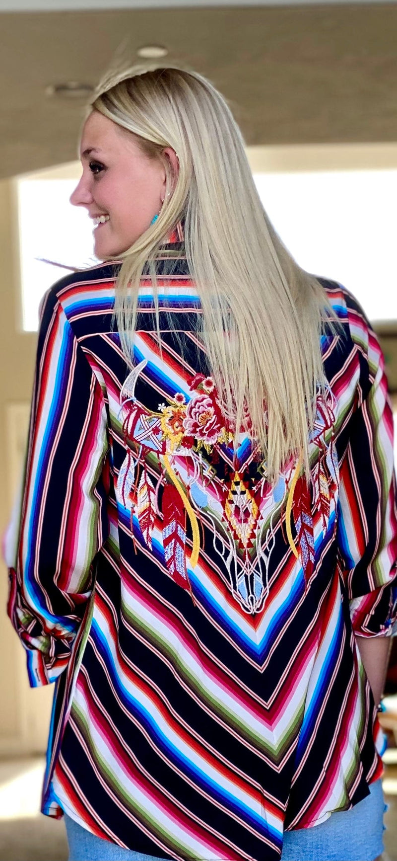 Shop Envi Me tops The Longhorn Embroidered Stripe Button Up Top