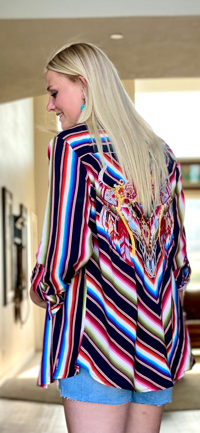 Shop Envi Me tops The Longhorn Embroidered Stripe Button Up Top