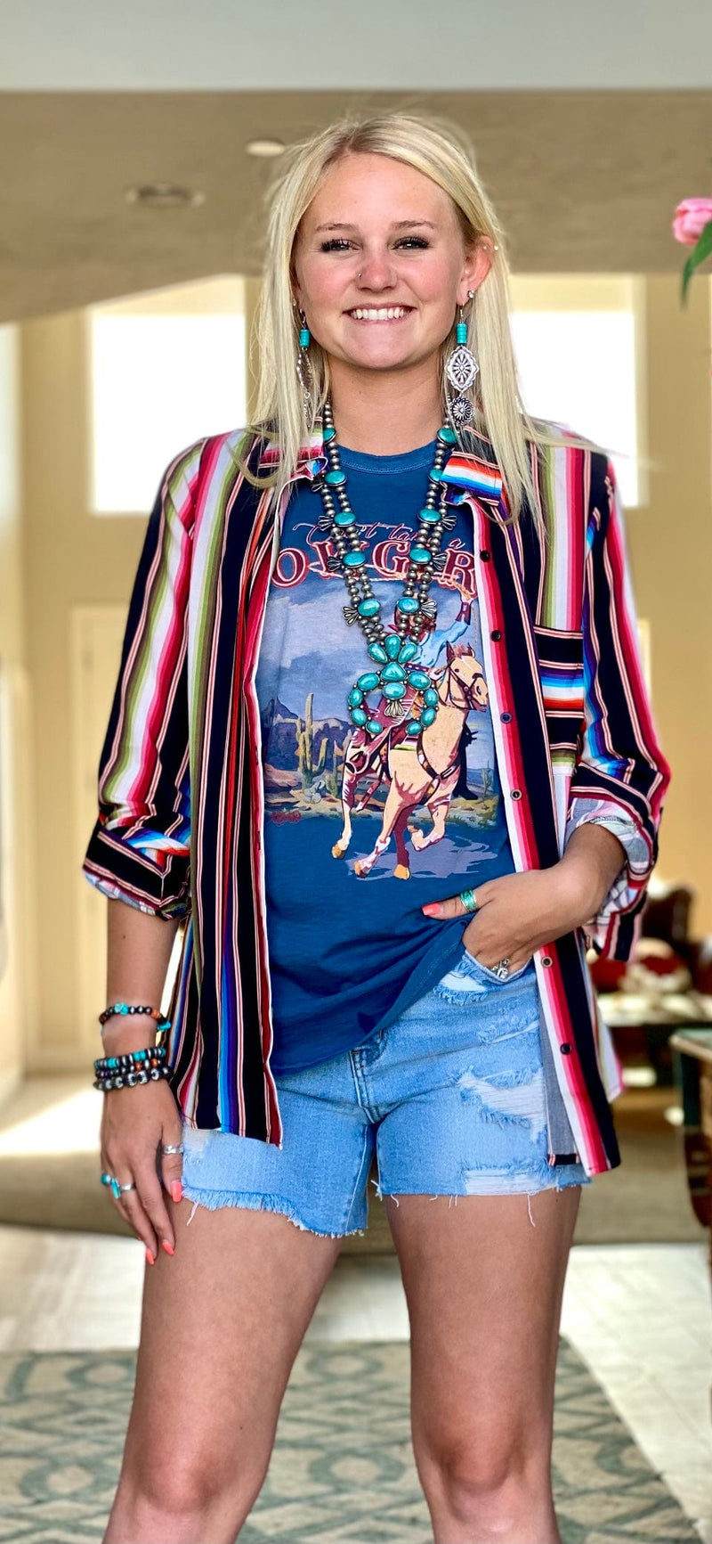 Shop Envi Me tops The Longhorn Embroidered Stripe Button Up Top