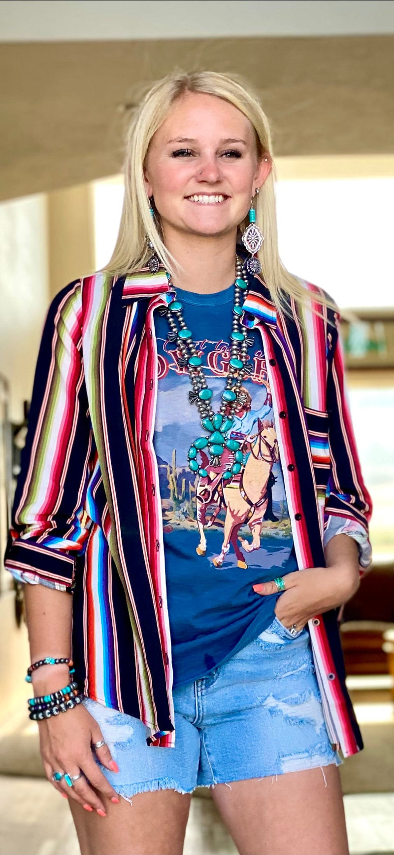 Shop Envi Me tops The Longhorn Embroidered Stripe Button Up Top