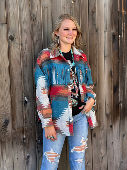 Shop Envi Me Cardigans and Kimonos The Montana Aztec Fringe Shacket Jacket