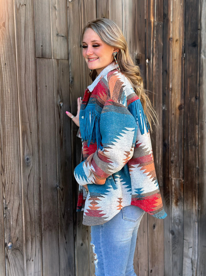 Shop Envi Me Cardigans and Kimonos The Montana Aztec Fringe Shacket Jacket