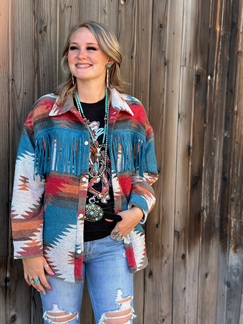 Shop Envi Me Cardigans and Kimonos The Montana Aztec Fringe Shacket Jacket