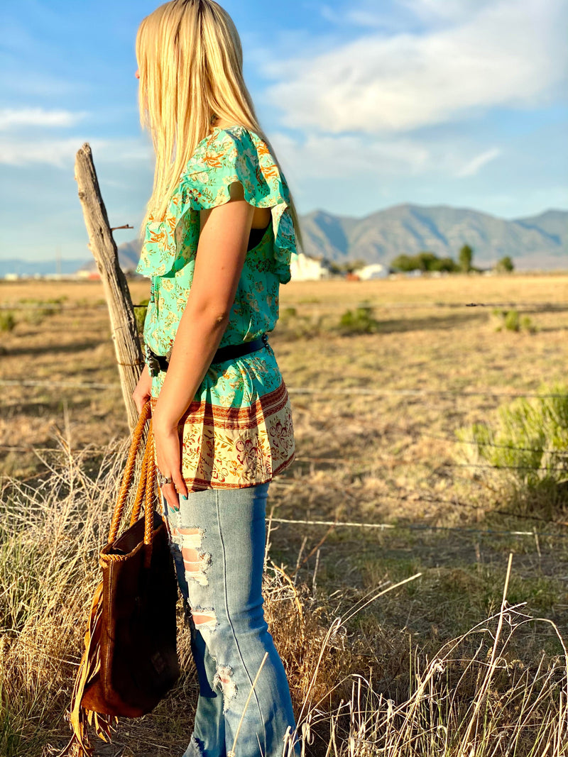 Shop Envi Me Tops and Tunics The Monterey Turquoise Floral Embroidered Top