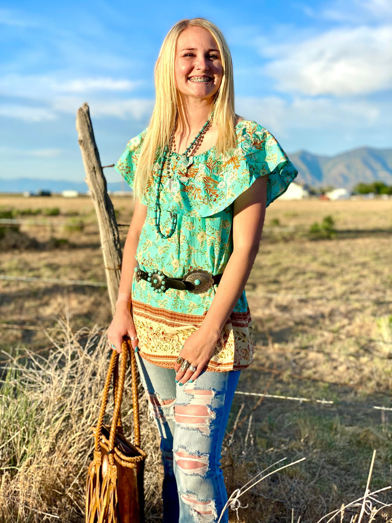 Shop Envi Me Tops and Tunics The Monterey Turquoise Floral Embroidered Top