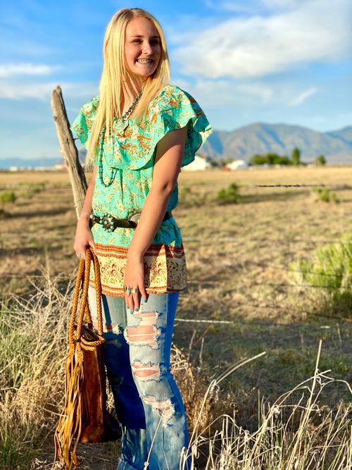 Shop Envi Me Tops and Tunics The Monterey Turquoise Floral Embroidered Top