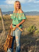 Shop Envi Me Tops and Tunics The Monterey Turquoise Floral Embroidered Top