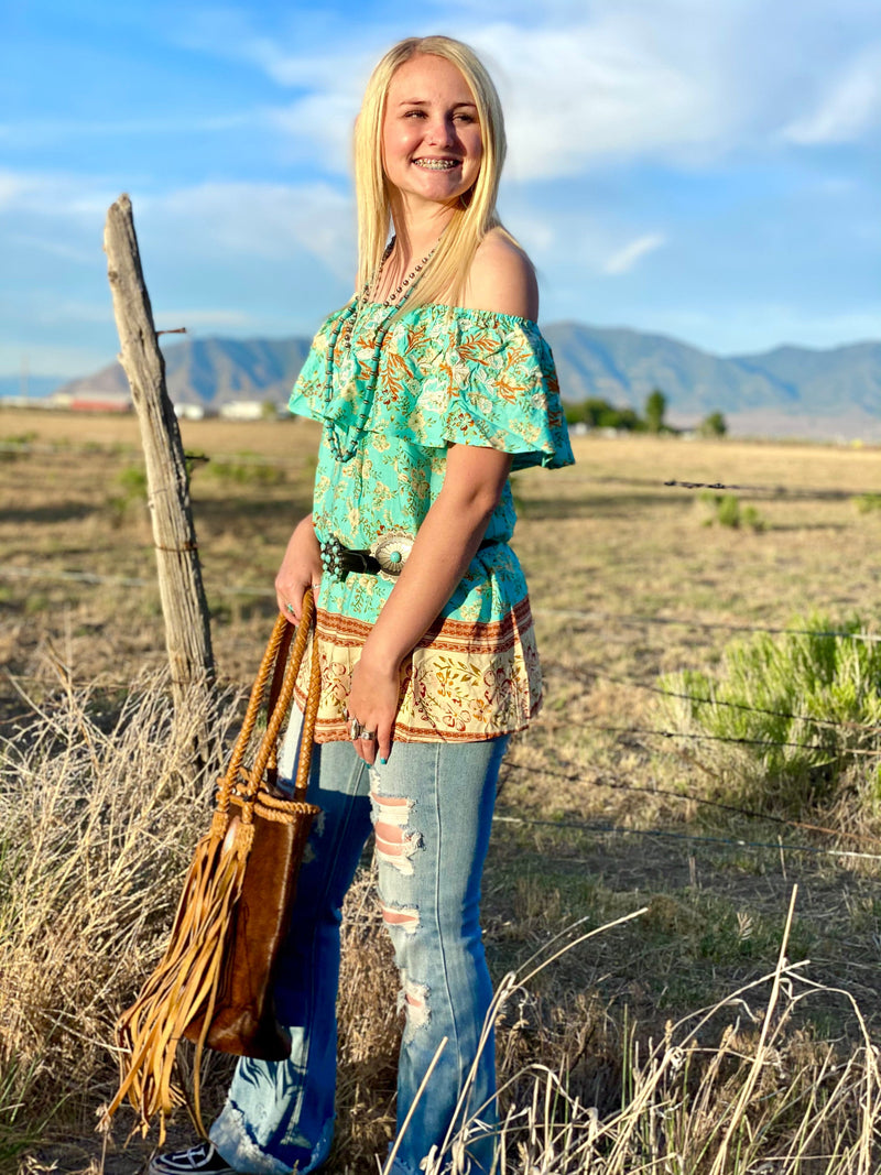Shop Envi Me Tops and Tunics The Monterey Turquoise Floral Embroidered Top