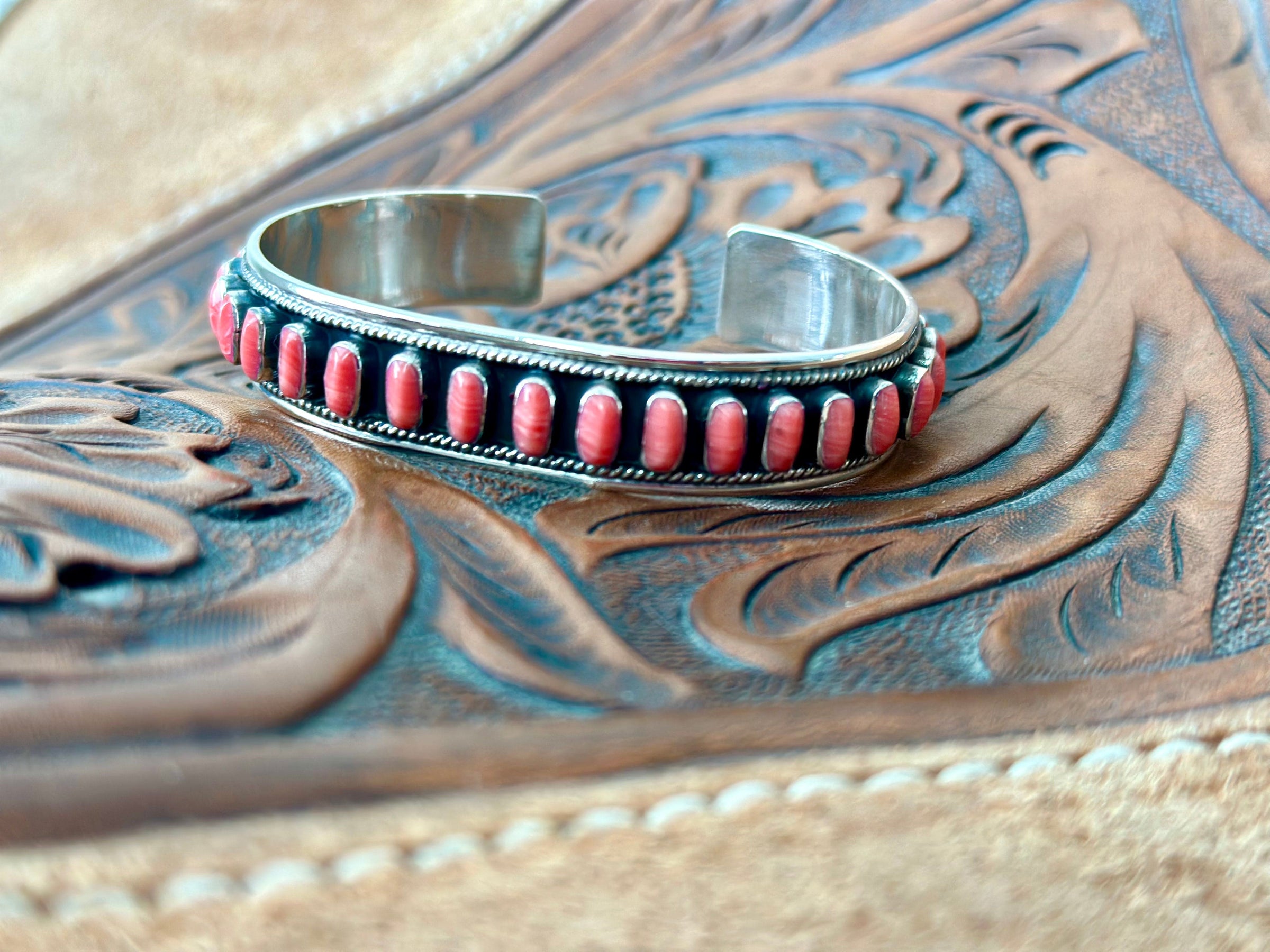 Shop Envi Me Bracelets Silver & Coral The Monterrey Sterling Silver & Coral Southwest Cuff Bracelet