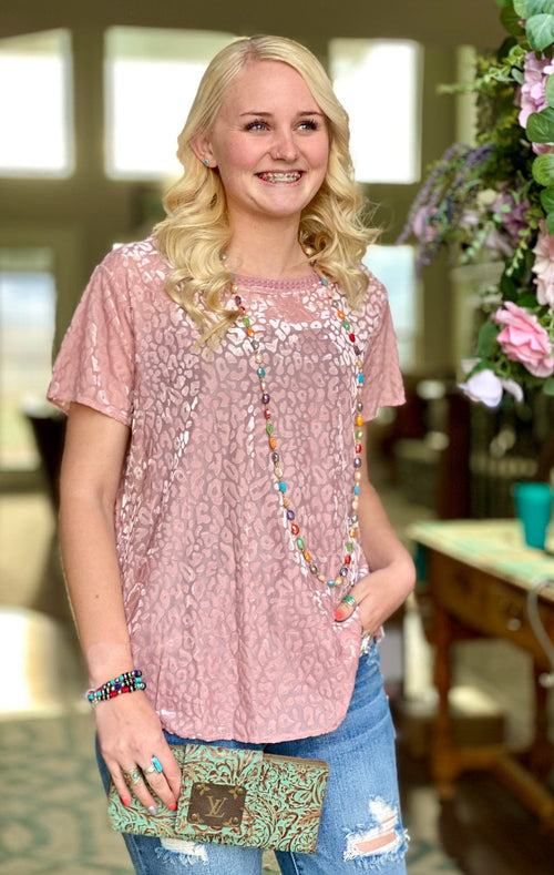Umgee Tops The Must Have Spring Pink Cheetah Burned Out Velvet Top