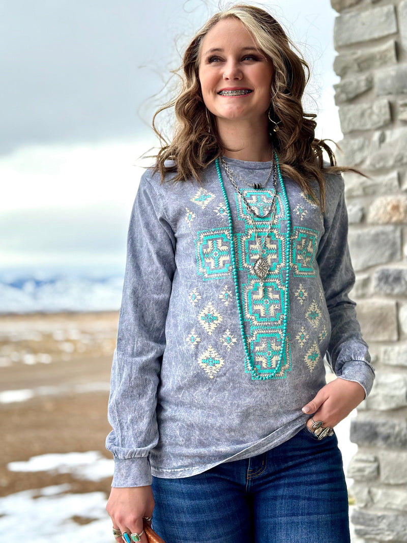 Shop Envi Me It's T-shirt Kinda Day The New Turquoise Aztec Cross Long Sleeve Tee