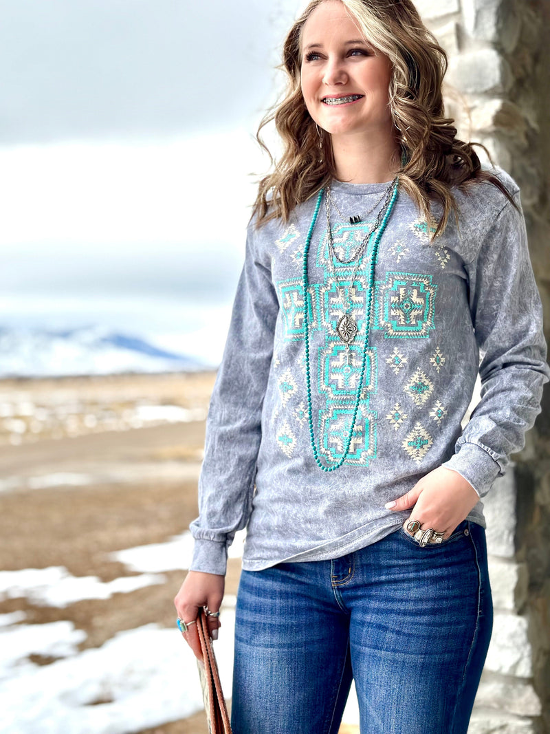 Shop Envi Me It's T-shirt Kinda Day The New Turquoise Aztec Cross Long Sleeve Tee