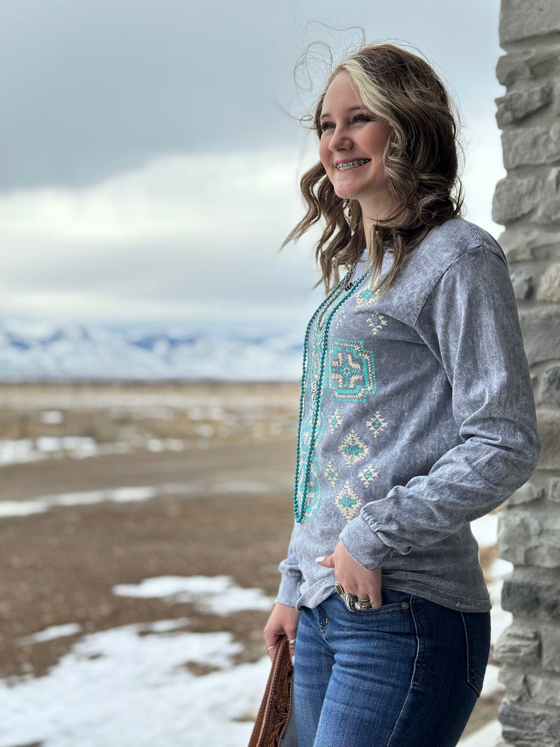 Shop Envi Me It's T-shirt Kinda Day The New Turquoise Aztec Cross Long Sleeve Tee
