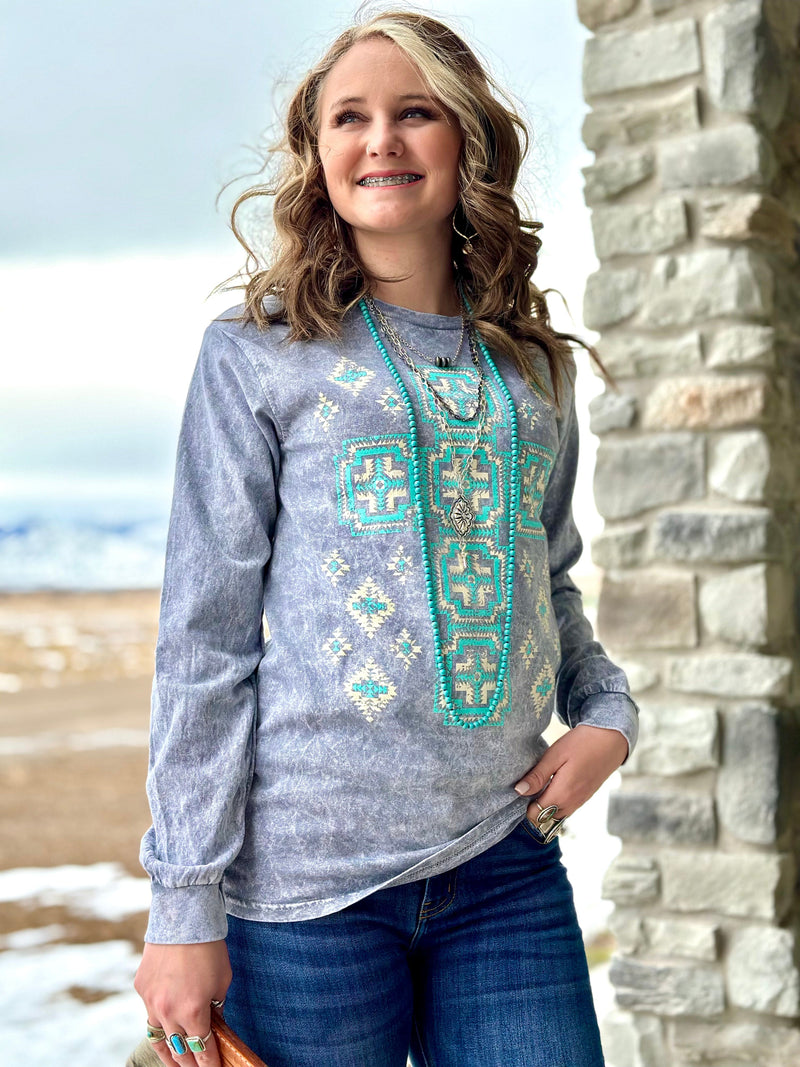 Shop Envi Me It's T-shirt Kinda Day The New Turquoise Aztec Cross Long Sleeve Tee