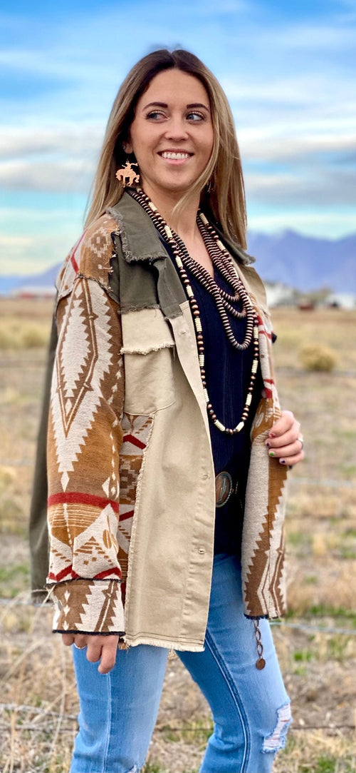 Shop Envi Me Cardigans and Kimonos The Olive Fall El Dorado Aztec Shacket Jacket