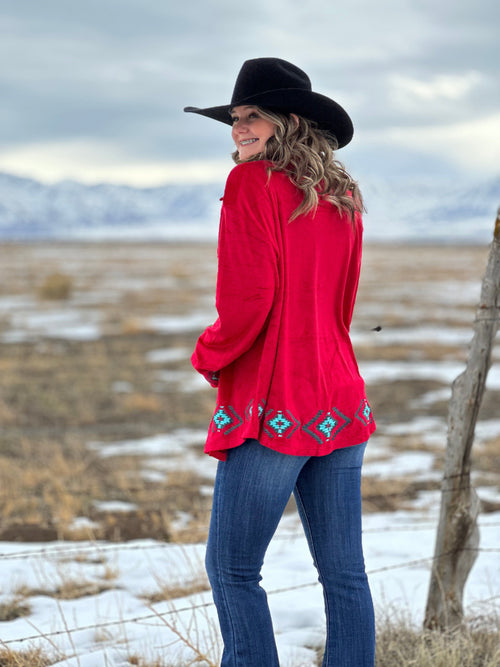 Shop Envi Me Cardigans and Kimonos The Red Velvet Minnetonka Aztec Embroidered Shacket Jacket